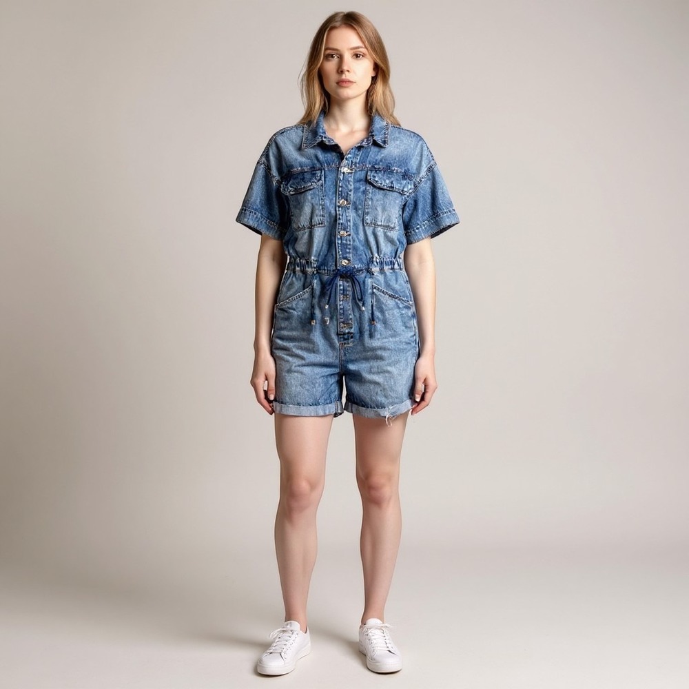 We The Free Denim Romper Short Sleeve Utility Boho Grunge Workwear Western Y2K